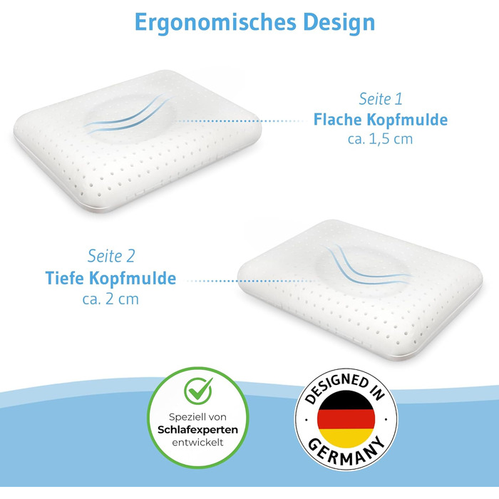 Ортопедична подушка Elora з Memory Foam, 40x60x12 см, для сну на боці та на спині, 100% органічна бавовна