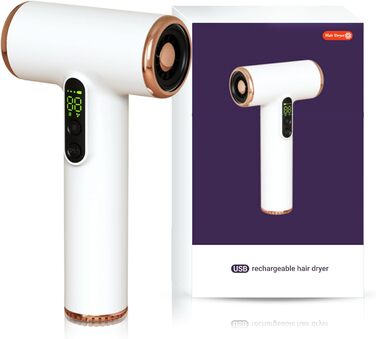Портативний акумуляторний фен Bewinner Pro 200W, 3 швидкості та 3 температури, бездротовий фен для волосся з цифровим дисплеєм, для жінок, для подорожей та кемпінгу, білий