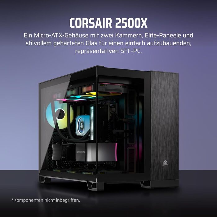 Комп'ютерний корпус CORSAIR 2500X mATX, подвійна камера, загартоване панорамне скло, підтримка інвертованої материнської плати, без вентиляторів, чорний/обсидіановий алюміній