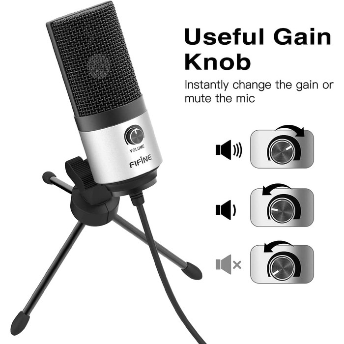 Мікрофон FIFINE USB для ПК, Mac, PS4/PS5, студійний конденсаторний мікрофон для подкастів зі стійкою, сріблястий