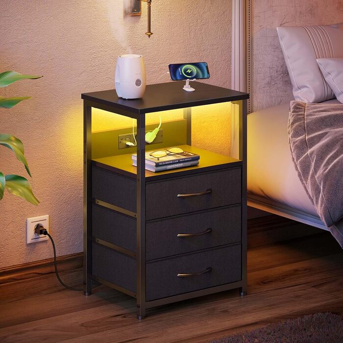 Тумба Rolanstar з LED підсвіткою, USB, розетками та 3 текстильними шухлядами, приліжкова та приставна, для спальні і вітальні, біла, 40x30x60 см