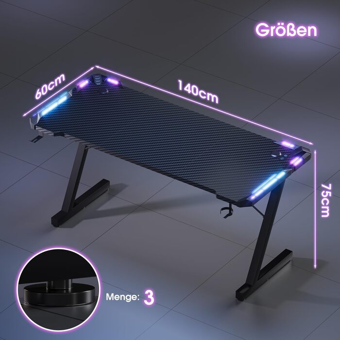Ігровий стіл Devoko з LED-підсвіткою, вуглецевим покриттям, підставкою для напоїв та гачком для навушників, ергономічний комп'ютерний стіл (Чорний, 140 x 60 см)