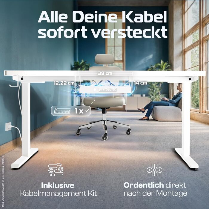 Електричний підйомний стіл CLOUVOU CleverDesk 160x80 см, білий: двомоторний стіл з регулюванням висоти, функцією пам'яті, USB-портами та кабель-менеджментом