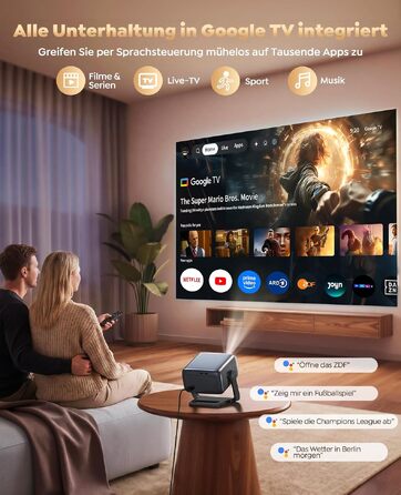 Smart Beamer 4K з Google TV та Bluetooth: LED проєктор для дому та вулиці з автофокусом, HDR10, WiFi, 360° обертання, підтримка HDMI