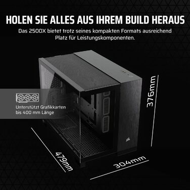 Комп'ютерний корпус CORSAIR 2500X mATX, подвійна камера, загартоване панорамне скло, підтримка інвертованої материнської плати, без вентиляторів, чорний/обсидіановий алюміній