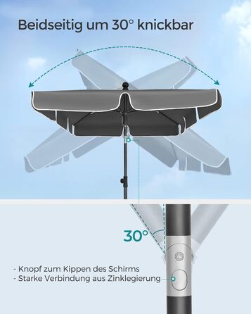 Сонячна парасоля SONGMICS 200x125 см, UPF 50+, регульована висота, двосторонній нахил 30°, для балкона, саду, з чохлом, без підставки, сіра