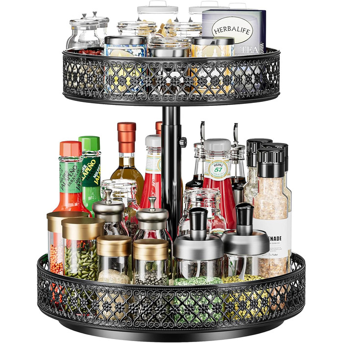 Органайзер Lazy Susan з 2 ярусами, обертовий металевий піднос 30,5 см, регульований, чорний, для спецій, кухні, шафи, ванної