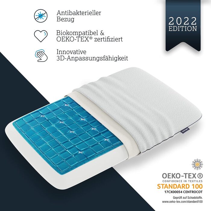 Ортопедична подушка Technogel Deluxe для шиї та спини, антибактеріальна, з гелем, для сну на спині й боці, з наволочкою