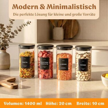 Набір скляних банок для зберігання продуктів EDELHAUS з кришками, чорні (5 шт), 4x1200 мл, з 54 етикетками — органайзер для кухні (борошно, цукор, паста, кава, чай)