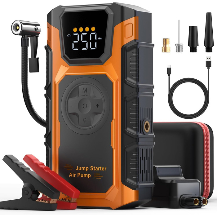 Пусковий пристрій (бустер) для авто Starthilfe 6000A з компресором 150 PSI, Powerbank 12V для бензинових та дизельних двигунів до 10л, з QC3.0, LCD-дисплеєм та ліхтарем, помаранчевий