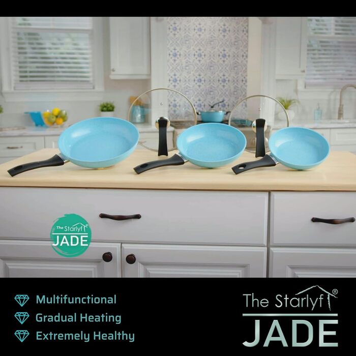 Набір сковорідок Starlyf Jade, алюмінієві, 5 предметів (3 сковорідки, 2 скляні кришки), інноваційна ручка-кришка, антипригарне покриття Jade