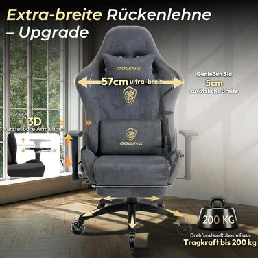 Ігрове крісло Dowinx Ergonomic Gaming Chair з підставкою для ніг та 3D підлокітниками, сіре, витримує до 200 кг, офісне крісло для геймерів