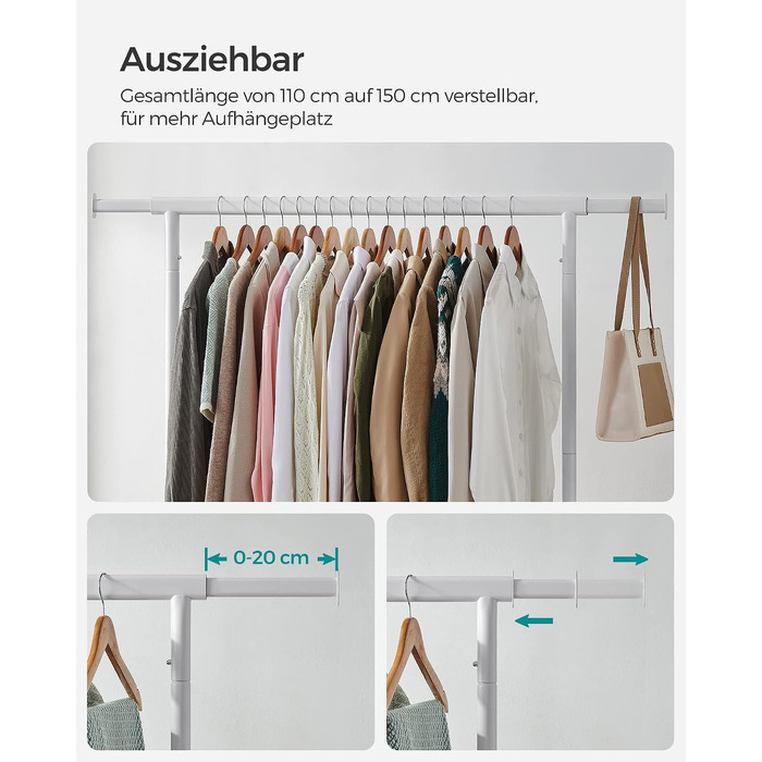 Вішалка-стійка для одягу на колесах SONGMICS, металева розсувна підвісна система (110-150 см), біла матова, витримує до 130 кг
