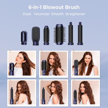 UKLISS 6-в-1 Hairstyler: Фен-щітка для волосся з насадкоми, автоматична плойка, професійний фен-розкручувач для об'єму та укладки (Синій)