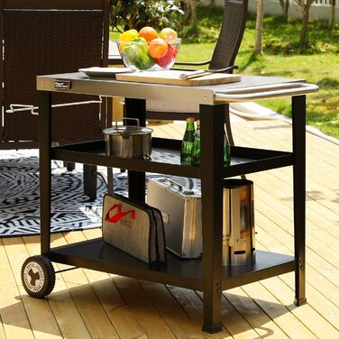 Столик Royal Gourmet PC3404S на коліщатках з контейнером для сміття, для вулиці, саду, тераси, грилю, кухні, візок для приготування їжі, 76,2 x 48,3 см, стільниця з нержавіючої сталі, сріблястий