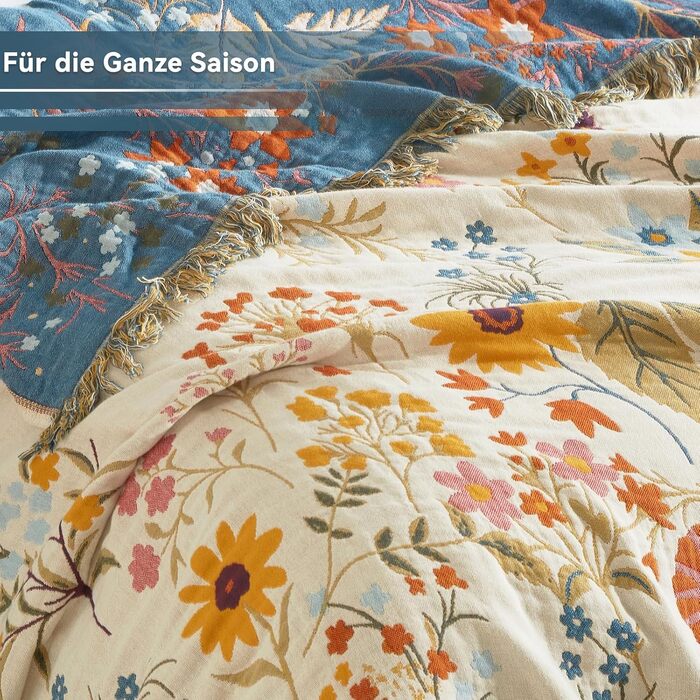 Покривало Bailix Premium Boho з 100% бавовни, двостороння муслінова ковдра з бахромою 150x200 см, декоративний плед для дивана та ліжка, синій/бежевий, принт Blumengarten