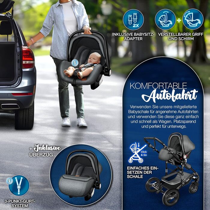 Дитяча коляска 3 в 1 KIDUKU® XXL Комплект | Комбінована коляска з люлькою, прогулянковим блоком та автокріслом | З повним набором аксесуарів (футляр, сумка для підгузків, підставка для чашки, дощовик) | Надувні колеса, ECE R129 (Антрацит / Чорний)