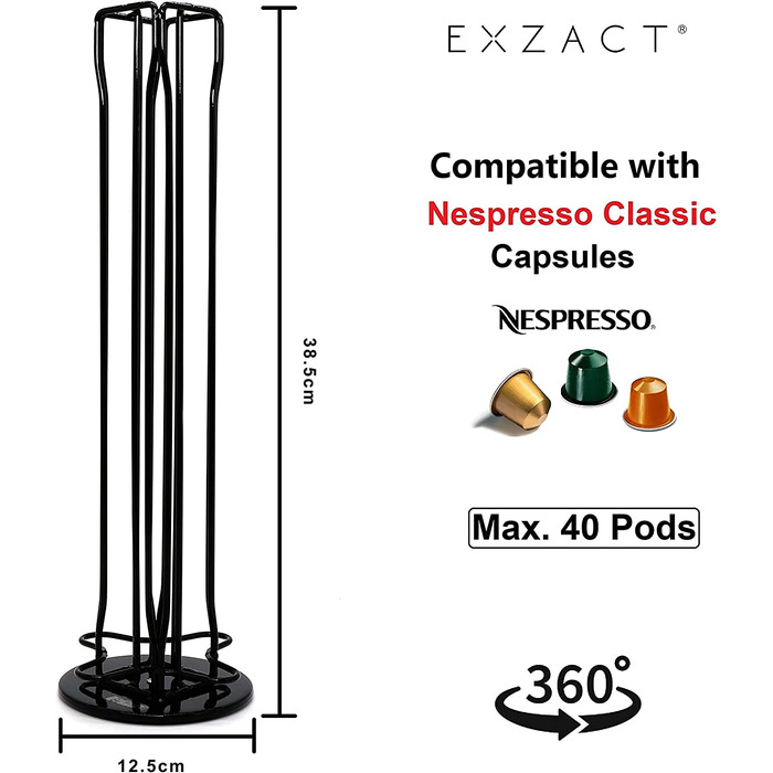 Підставка для кавових капсул EXZACT, сумісна з Nespresso, на 40 капсул, обертається на 360°, стійка, чорна