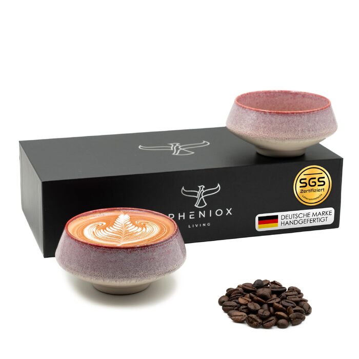 Набір керамічних чашок для капучино та лате Pheniox Barista, 2 шт по 180 мл, порцелянові чашки без ручок для Latte Art, червоні, придатні для посудомийки