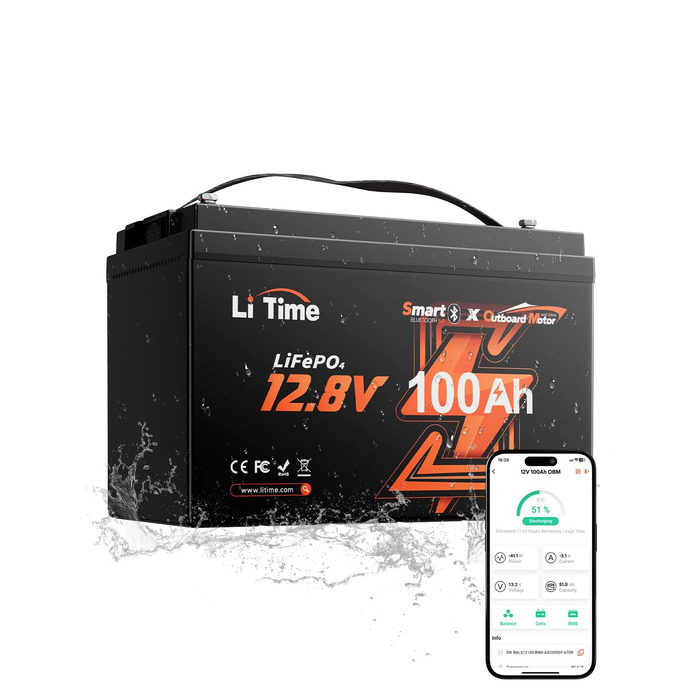 LiFePO4 акумулятор LiTime 12V 100Ah з Bluetooth для кемпінгу, житлових будинків та електромоторів човнів
