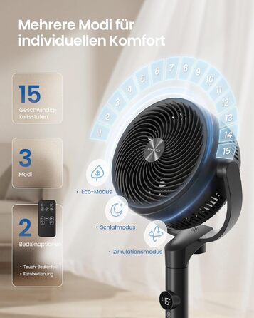 Вентилятор підлоговий SONGMICS XFC002W1EU (Чорний) тихий, з пультом, 120°/135° осциляція, 15 швидкостей, таймер, 3 режими, регульована висота