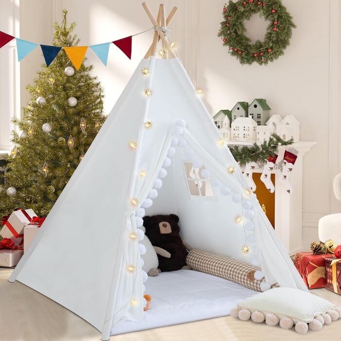 Дитяче намет Tipi з м'якою матрацом, бавовна, канвас. Намет Tipi для дітей з гірляндою зірочок, сумкою, прапорцем (білий)
