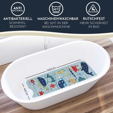 Дитячий килимок для ванни Homerella, антиковзкий, 100% BPA Free, 100x40 см, гачки для підвішування, для чутливої шкіри, протигрибковий, миється, світло-блакитний, Underwater Abc