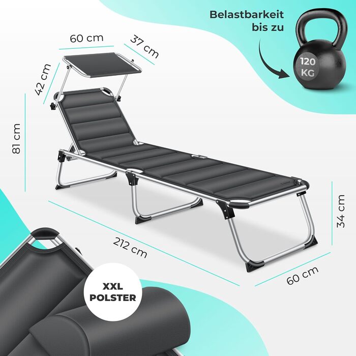 Шезлонг KESSER® Sun з дахом для саду: регульована спинка, зручна лежача поверхня, алюмінієвий каркас, портативний, антрацит (з преміум-подушкою)