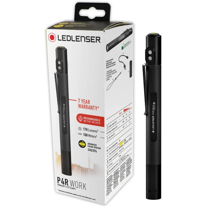 Ліхтарик Ledlenser P4R Work LED для майстерні та майстрів, акумуляторний, 170 люмен, з фокусуванням, до 100 м, USB-зарядка, кліпса