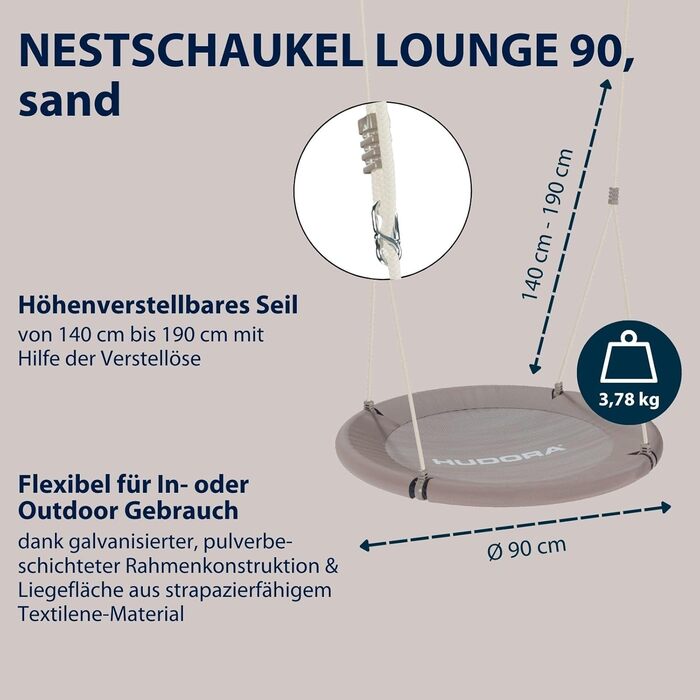 Шоукель HUDORA Nestschaukel Lounge - регульована висота, діаметр 90/110 см, до 150 кг, сітчаста сітка, сімейна сімейна сітка для дому та вулиці, пісок 90 см, одноособова