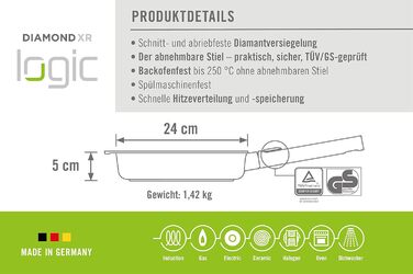 Сковорода Woll Diamond Logic XR 24 см, алюміній, антипригарна, знімна ручка, для індукції та всіх плит, чорна