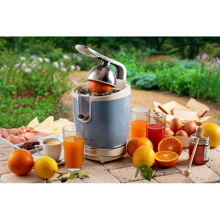 Електрична соковижималка Ariete Vintage 413, ретро дизайн, важіль, 2 прес-конуси для цитрусових, некапуючий носик, тихий мотор, 85 Вт, блакитна