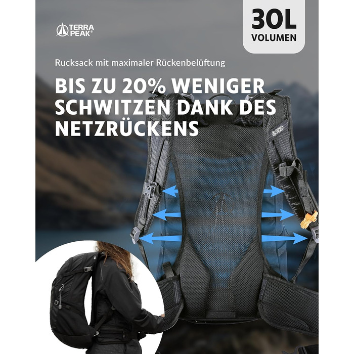 Рюкзак Terra Peak 30 л з вентильованою спинкою, тримачем для питної системи та дощовиком, чорний, туристичний для походів і прогулянок