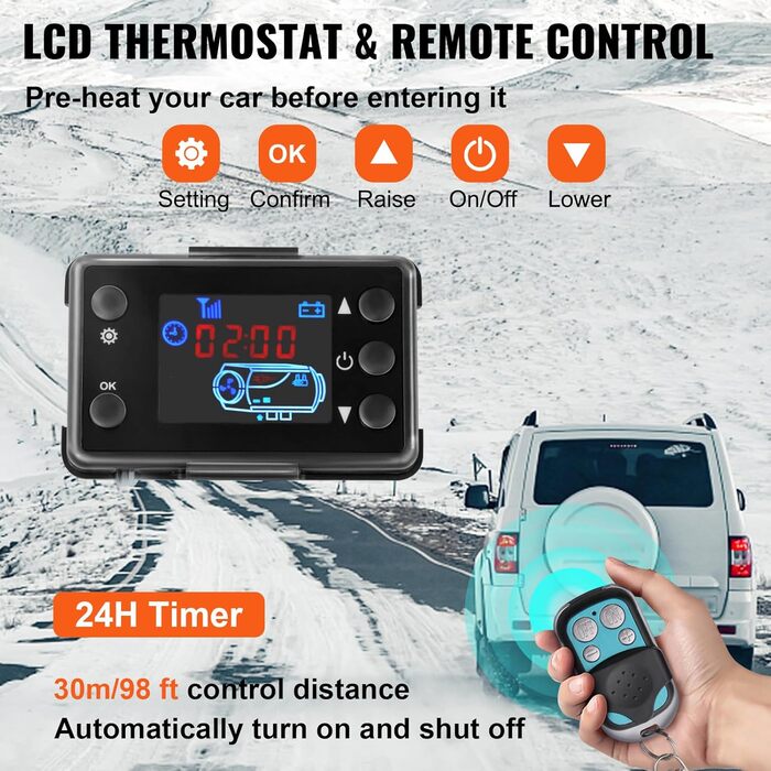 Автономний дизельний опалювач VEVOR 12V 8kW з LCD-дисплеєм та пультом дистанційного керування, 0.16-0.62 л/год, чорний