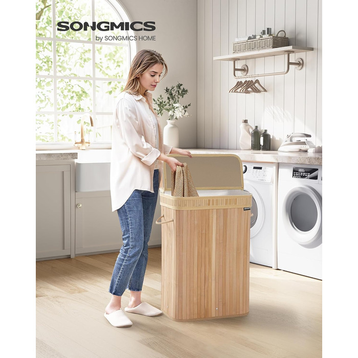 Кошик для білизни SONGMICS з кришкою, бамбуковий, знімний мішок, 72 л, ручки, натуральний беж