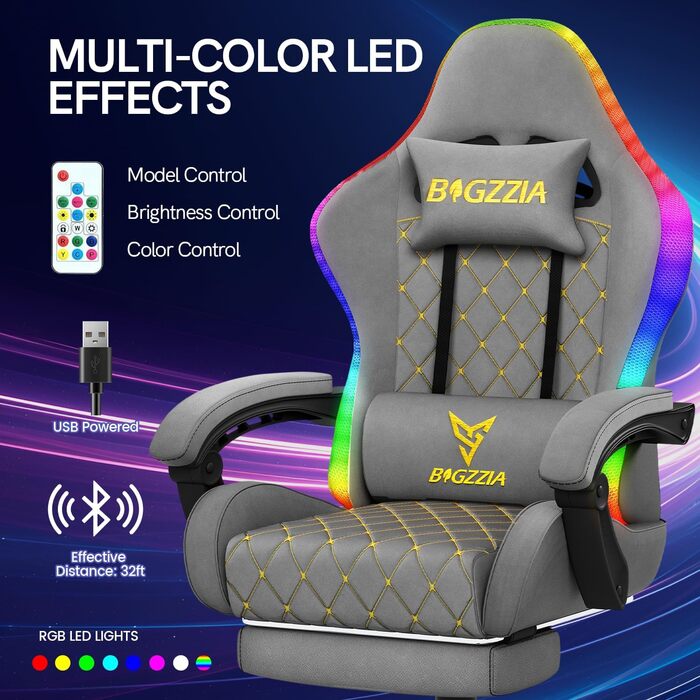 Ігровий крісло Bigzzia з RGB LED підсвічуванням - ергономічне геймерське крісло з підтримкою попереку та підніжкою, регульоване та поворотне, з PU-шкіри, 150 кг, сірий