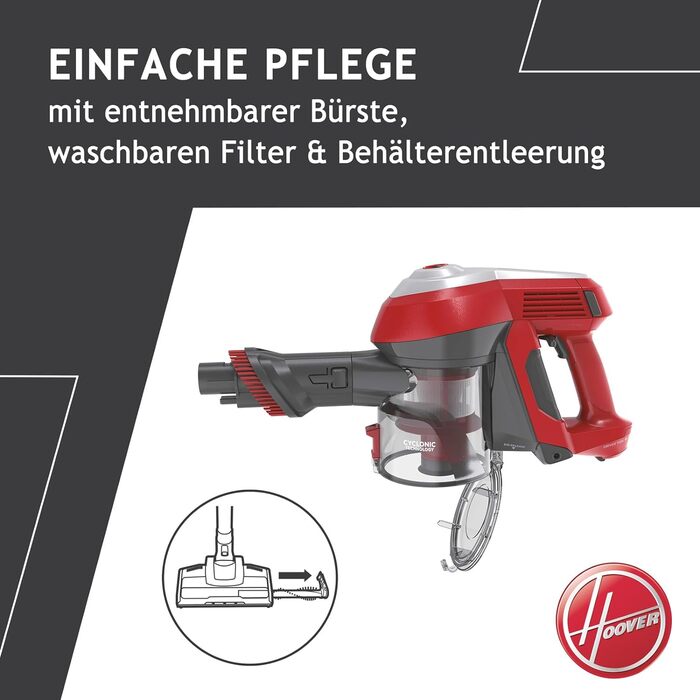 Пилосос акумуляторний Hoover H-FREE 100 HOME без мішка, до 40 хв роботи, бездротовий, з LED-підсвіткою, XL контейнером для пилу, паркувальною функцією, щілинною насадкою та щіткою, червоний/титановий