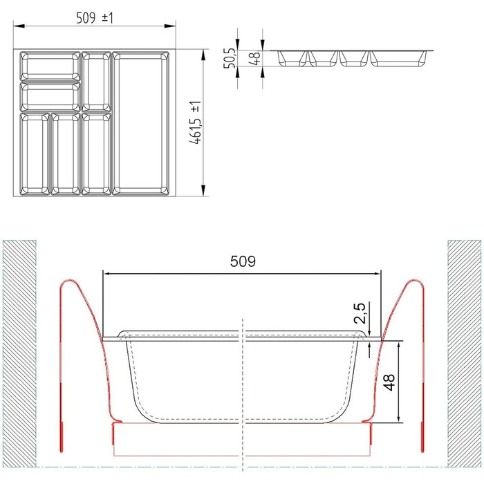 Вставка для столових приборів Orga-Box 2, антрацит, з текстурою Canvas, 461x509 мм, для шухляди Nobilia 60 см до 07/2012