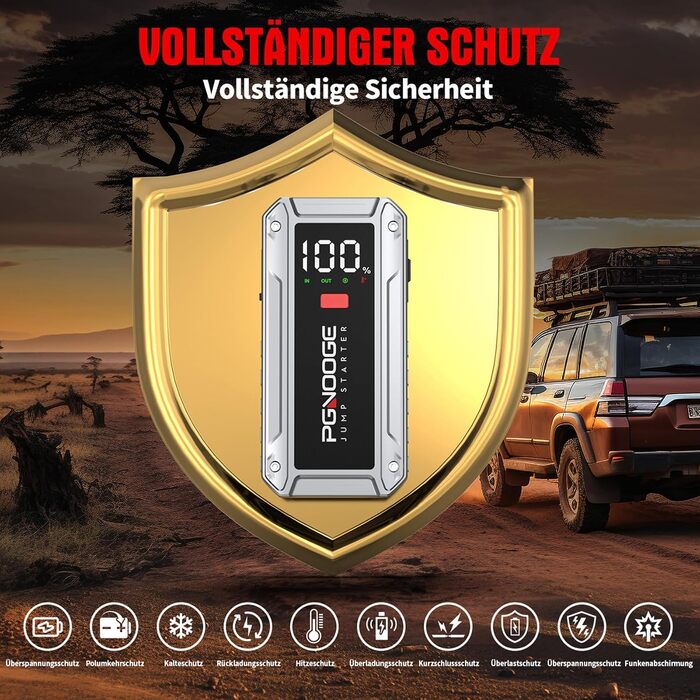 Бустер автомобільного акумулятора Starthilfe Powerbank 26800mAh 6000A з LED-ліхтарем та дисплеєм для авто, SUV, мотоциклів та газонокосарок (silver)