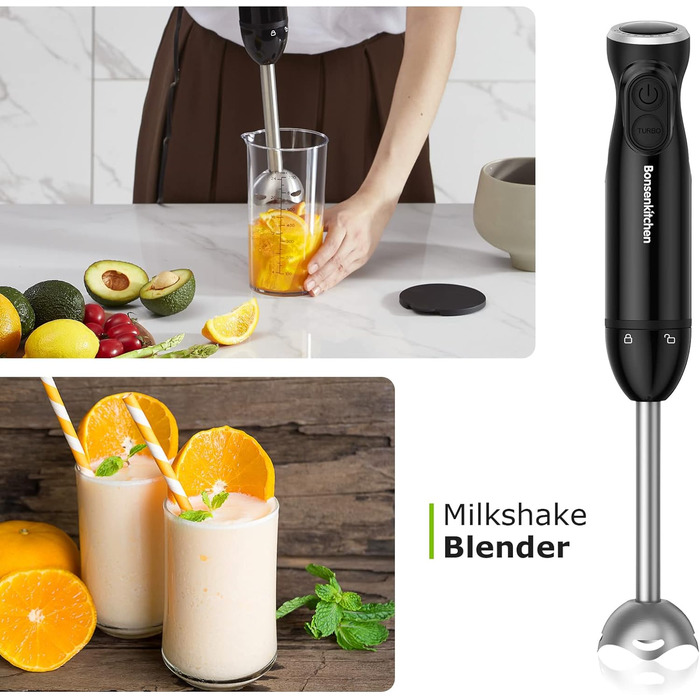 Блендер Bonsenkitchen 3-в-1, 1000 Вт, електричний ручний міксер з насадкою-вінчиком і мірним стаканом, регулювання швидкості, для смузі, пюре, соусів, HB3202, чорний