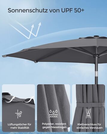 Пляжна парасолька SONGMICS 270 см, UPF 50+, сонцезахисна, нахил 30°, з ручкою для відкривання, для тераси, балкону, басейну, без підставки, сіра