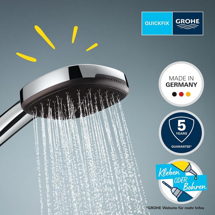 Душовий набір GROHE Vitalio 110: ручна лійка з 3 режимами струменя, шланг 1.5м та кріплення на стіну (економний витрат води 8л/хв), хром, 26176001