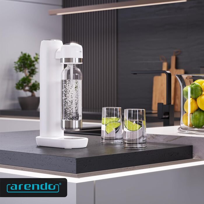 Сифон для газування води Arendo Soda Maker, набір з двома пляшками (1л пластикова BPA-free та 1л зі сталі), сумісний з циліндрами CO2 60л, білий
