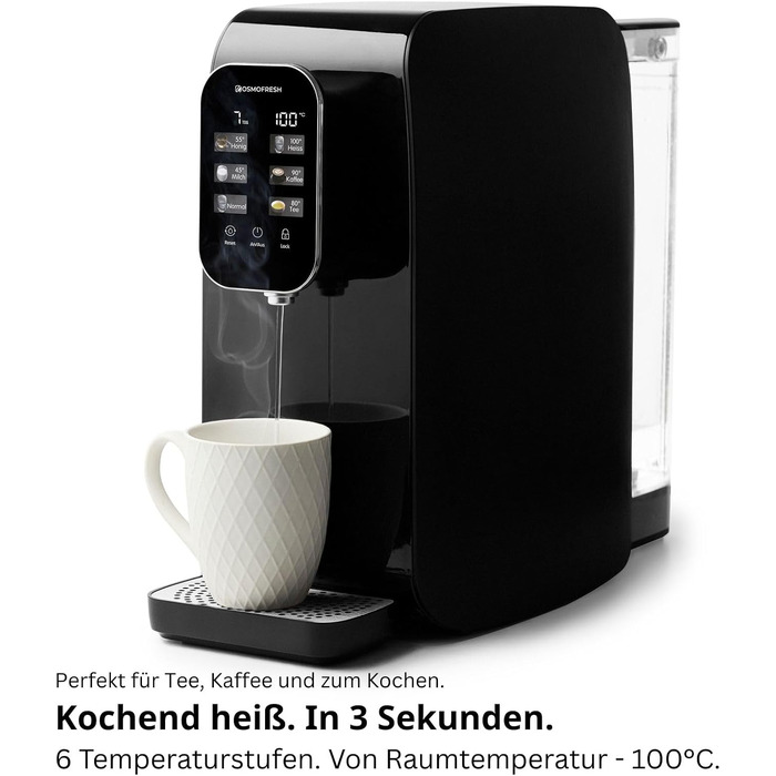 Система зворотного осмосу OsmoFresh Quella Life BLACK EDITION з 6 рівнями температури (15-100°C), мобільна, без підключення до водопроводу, 5-ступенева фільтрація, фільтр для питної води без солей