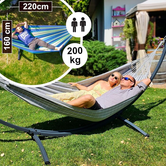 Гамак Potenza Outdoor з металевим каркасом для 2 осіб Catargo - бавовняний подвійний гамак XXL 220x160 см, до 220 кг, стійкий до погодних умов (сірий, каркас графіт)