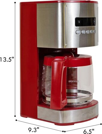 Кавоварка Kenmore на 12 чашок, 1,8 л, програмована, з таймером, швидким заварюванням, багаторазовим фільтром, скляною колбою, цифровим дисплеєм, вугільним водяним фільтром, червона