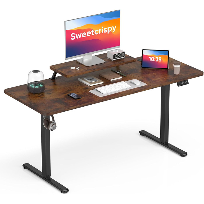 Регульований стіл Sweetcrispy з підставкою для монітора, електричний, ергономічний, стоячи/сидячи, комп'ютерний стіл, standing desk, вінтаж (колір: коричневий, розмір: 160 x 60 см)