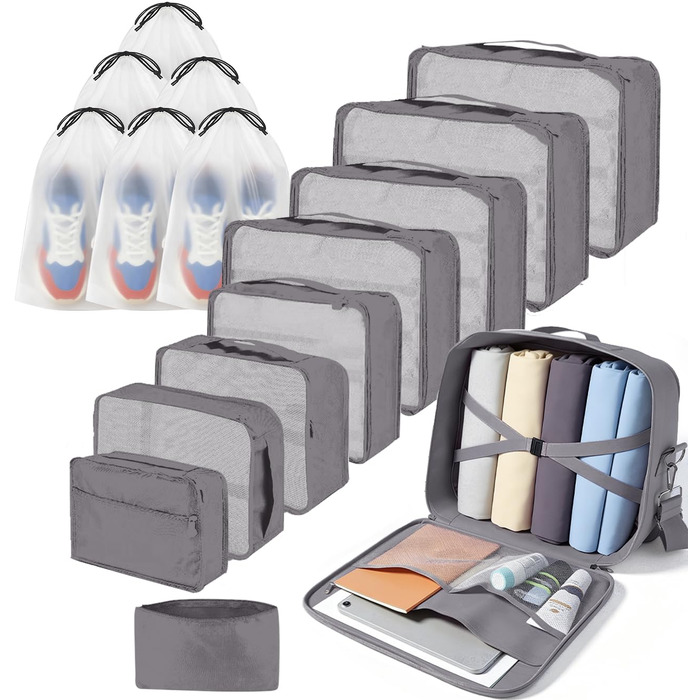 Набір органайзерів для подорожей Packing Cubes, 16 предметів, світло-сірий — органайзери для валізи та зберігання речей у подорожах