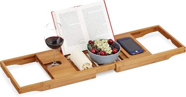 Полиця для ванни Relaxdays XL з підставкою для книги та планшета, розсувна, бамбук, натуральний колір, 70-105 см