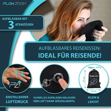 Надувна подушка для шиї FLOWZOOM AIR з капюшоном, чорна, розмір L – дорожня подушка для подорожей літаком, для дорослих, швидке надування